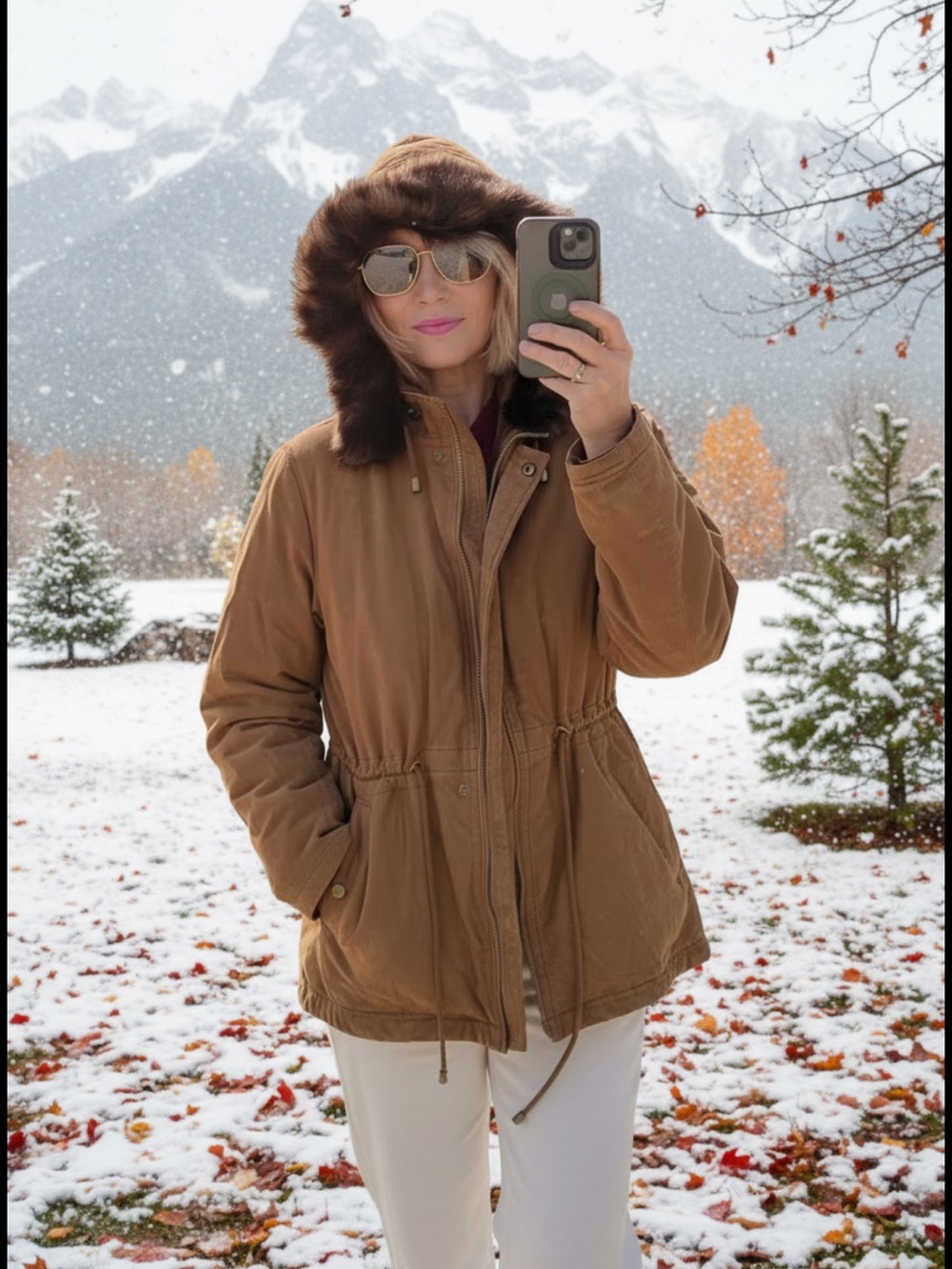 Women's Tan Ski Jacket with Fur Trim